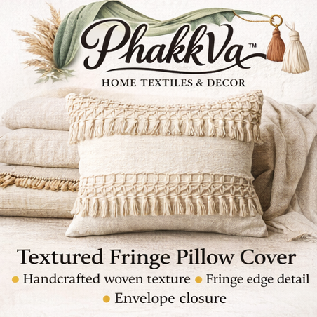 PhakkVa™ Textured Fringe Pillow Cover – Woven Cotton Decorative Cushion, Farmhouse Boho Accent Pillow Case